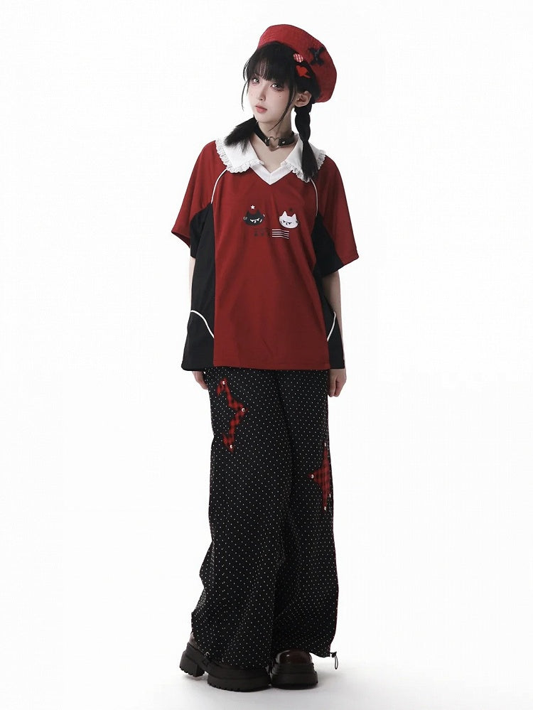 Cuffs Dot Casual Pants Red Plaid Star Applique Drawstring Black Polka