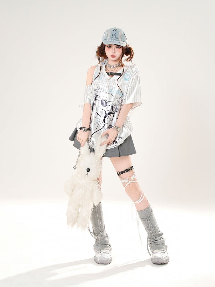 Satin-T-Shirt mit Anime-Mädchen-Print und ausgeschnittenen Schultern, weißes Muster, gestreifter V-Ausschnitt