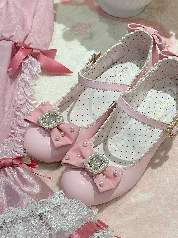Schuhe Janes Bowknot Strass verziert und rund Mary Lolita Details Perlen Zehen rosa