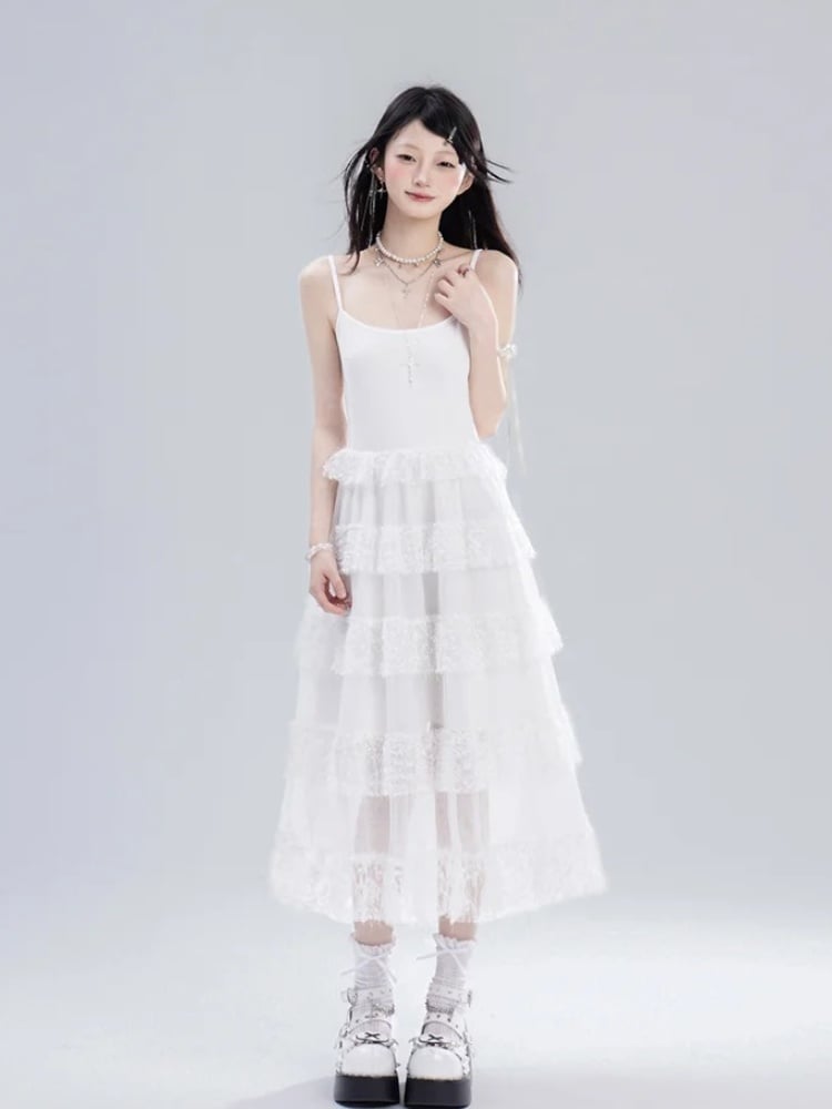 Skirt Cami Dress Waist Chain Sweet White Lace Tiered Free with