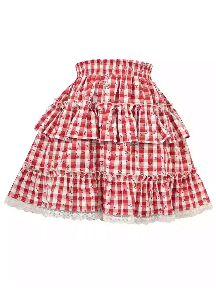 Sweet Plaid Tiered Skirt Trim Red Allover Cherry Print Lace
