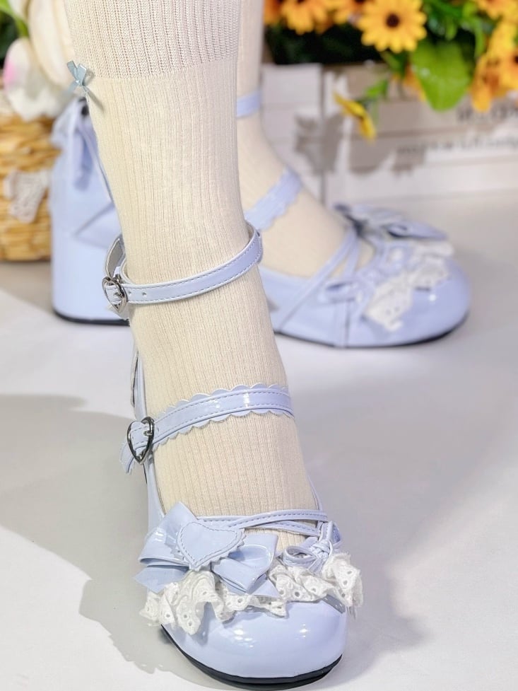Sweet Buckle with Bow Shoes Janes - Lacework Lolita Details Blue Heart Mary