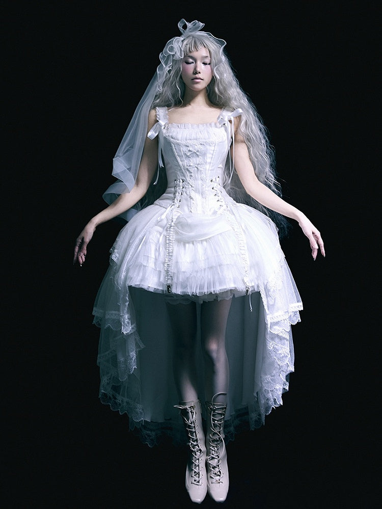 White Lace-up Details Boned Corset Top + High-low Layered Lolita Skirt