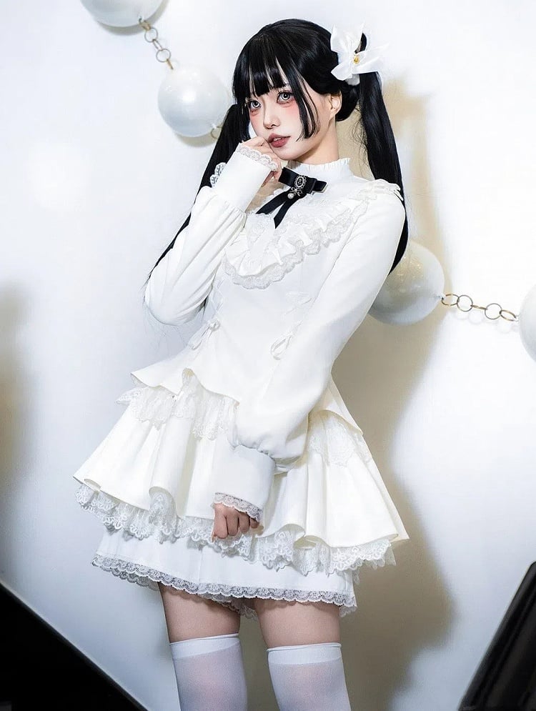 Träger Charm Kleid Gothic Weiß Rüschen Lolita Ausschnitt Schnürung Kreuz