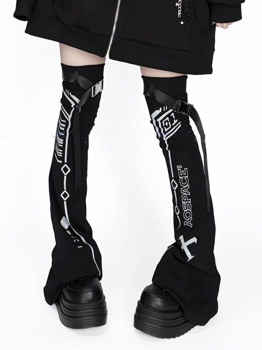 Reflective Leg Warmers Black Cyberpunk Design Techwear Flared Print
