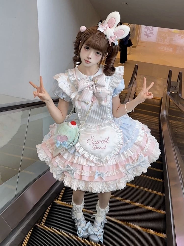 Lolita Blue Bunny Pink Maid and Puff Theme Sleeves Dress Sweet