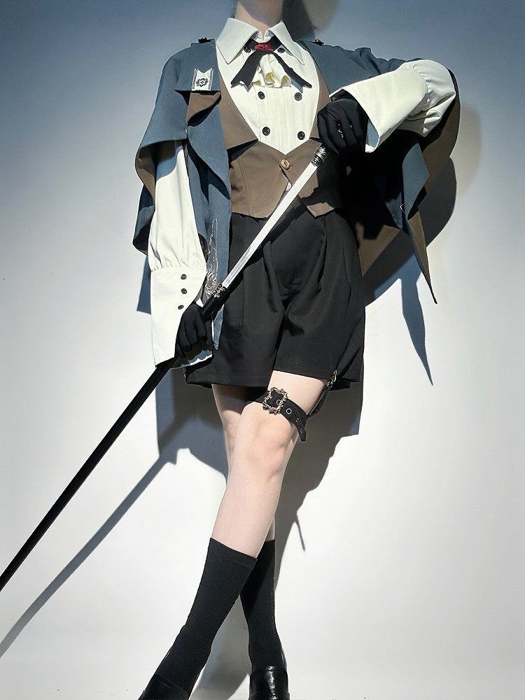 Little Lolita Set Cape Waistcoat Sleeves Brown Shorts Full Detective Vibes Long Black Shirt + - Ouji