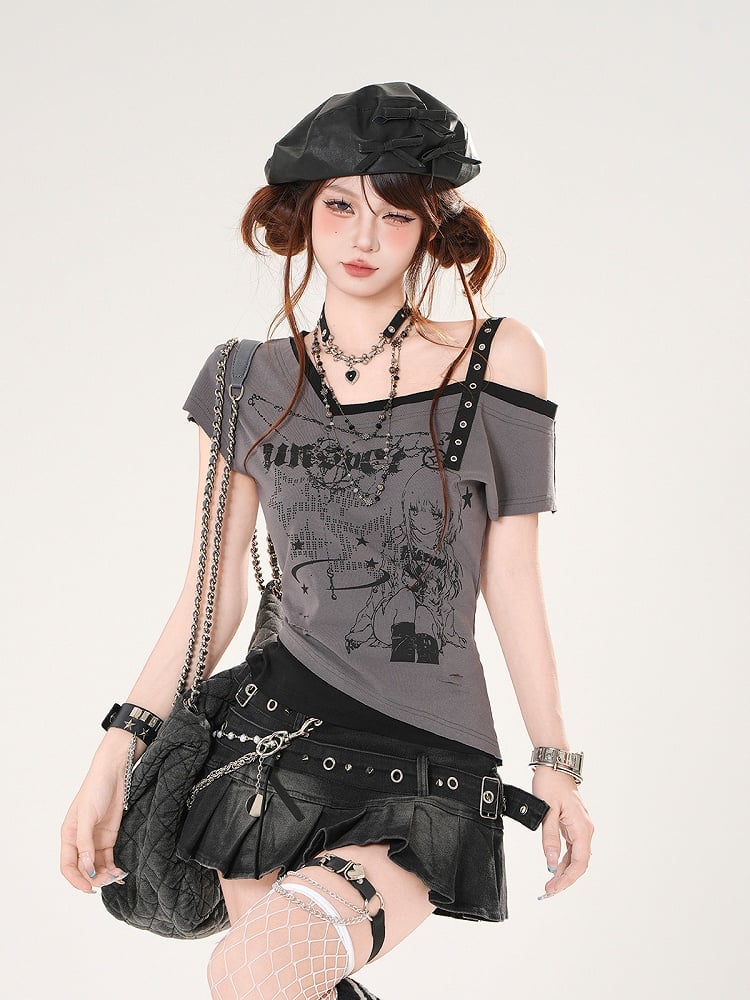 T-Shirt mit asymmetrischem Ausschnitt und schmaler Passform, Anime-Mädchen-Print, Grau/Weiß