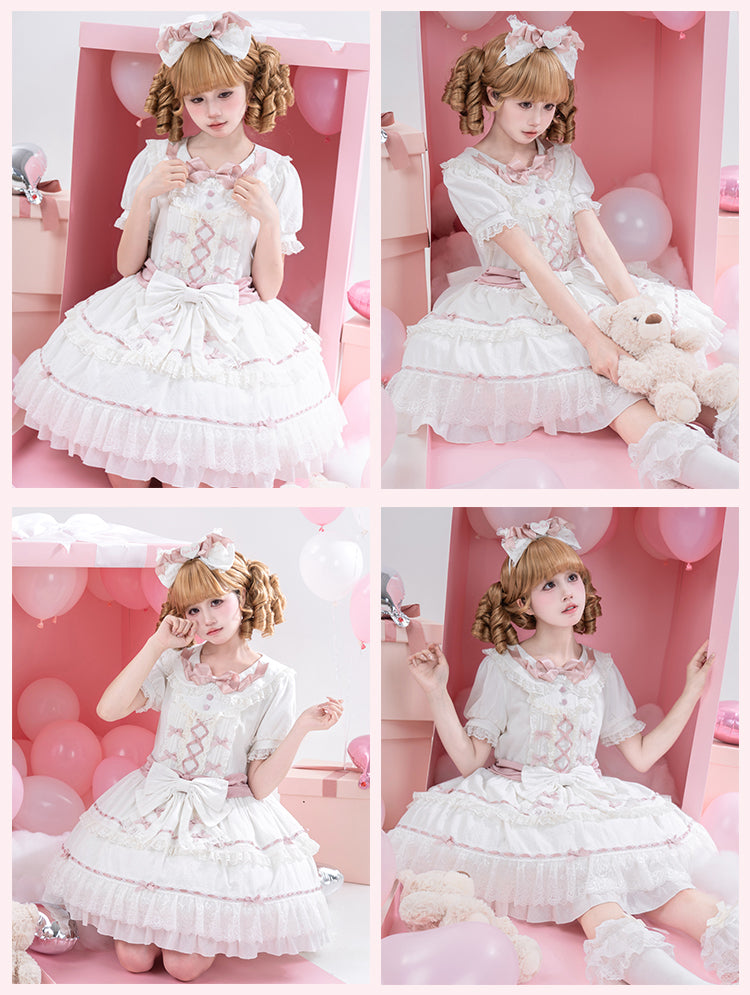 Hime Pink and Peter Pan Collar Tiered Skirt Balletcore Lolita Dress White OP