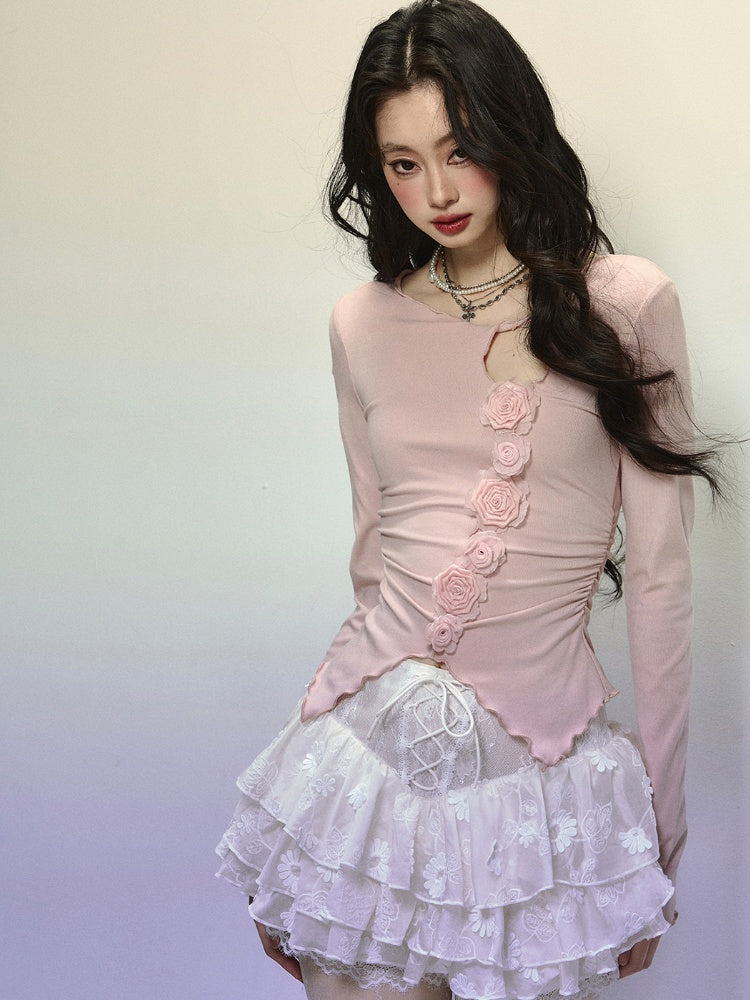 Knitted Detail Neck Floral Embellished Cutout Top Pink Round Glamorous