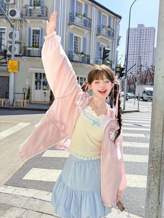 Spitze Yume Kawaii Rosa Erdbeere Applique Jacke Bowknot Sonnenschutz Mit Kapuze