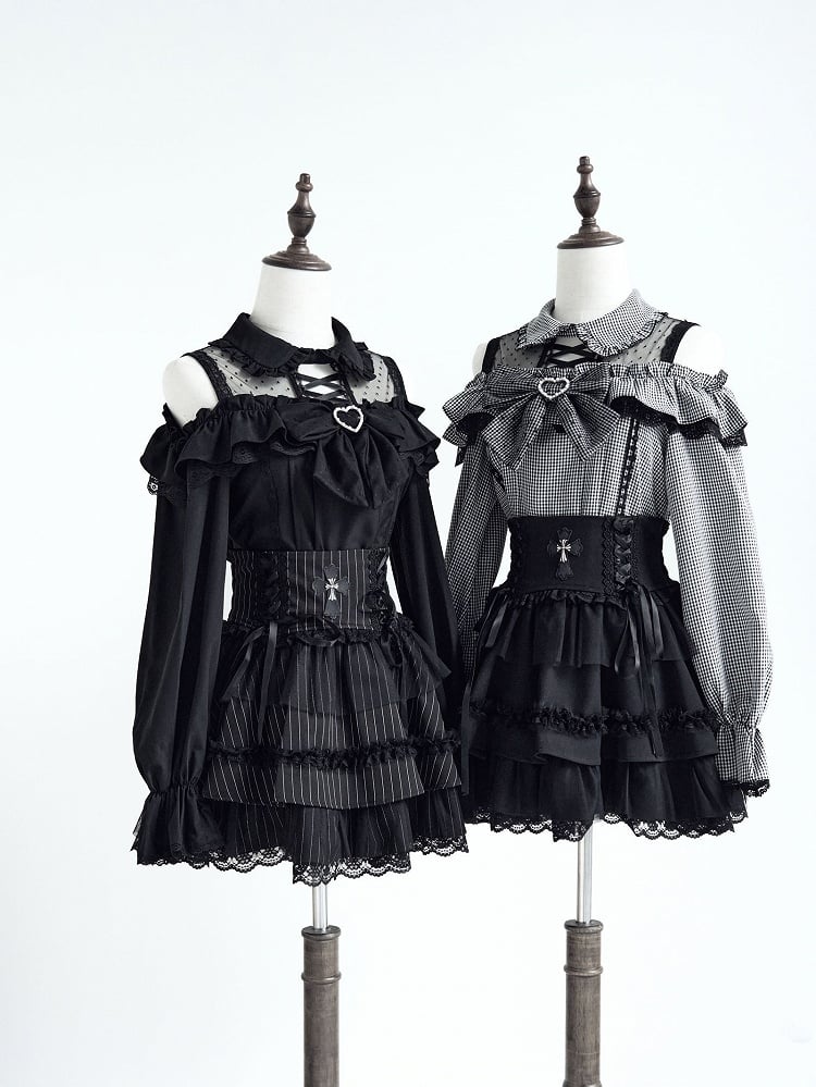 and Detail Long Top Illusion Sleeve Blouse Shoulder Jirai with Black Open Neckline Kei