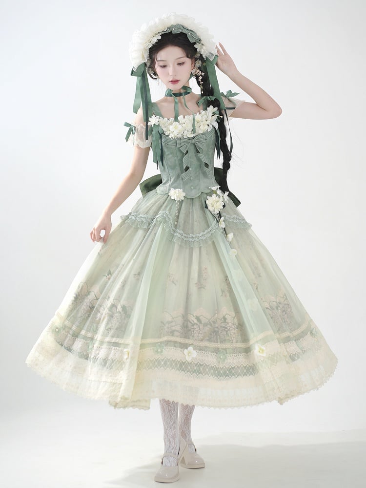 Decoration Set Jasmine Print Top Green Skirt Lolita Corset Classic Long Floral +