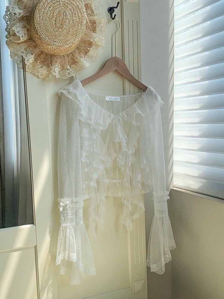 Sheer Dotted Cascading Trim Top White Ruffle Tulle Sleeves Long
