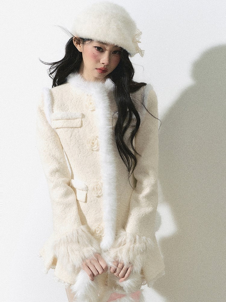 Flower Button Apricot Plush Trim Jacquard Woolen Jacket
