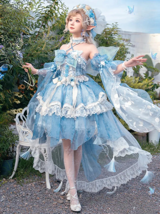 Volles Prinzessinnen-Blumen-Schmetterlings-Set-Design, blaues JSK Fairycore-Lolita-Kleid