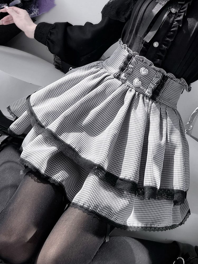 Skirt Tiered Jirai Details Kei Outfit- BlackWhite Plaid + Red Pleating Shirt