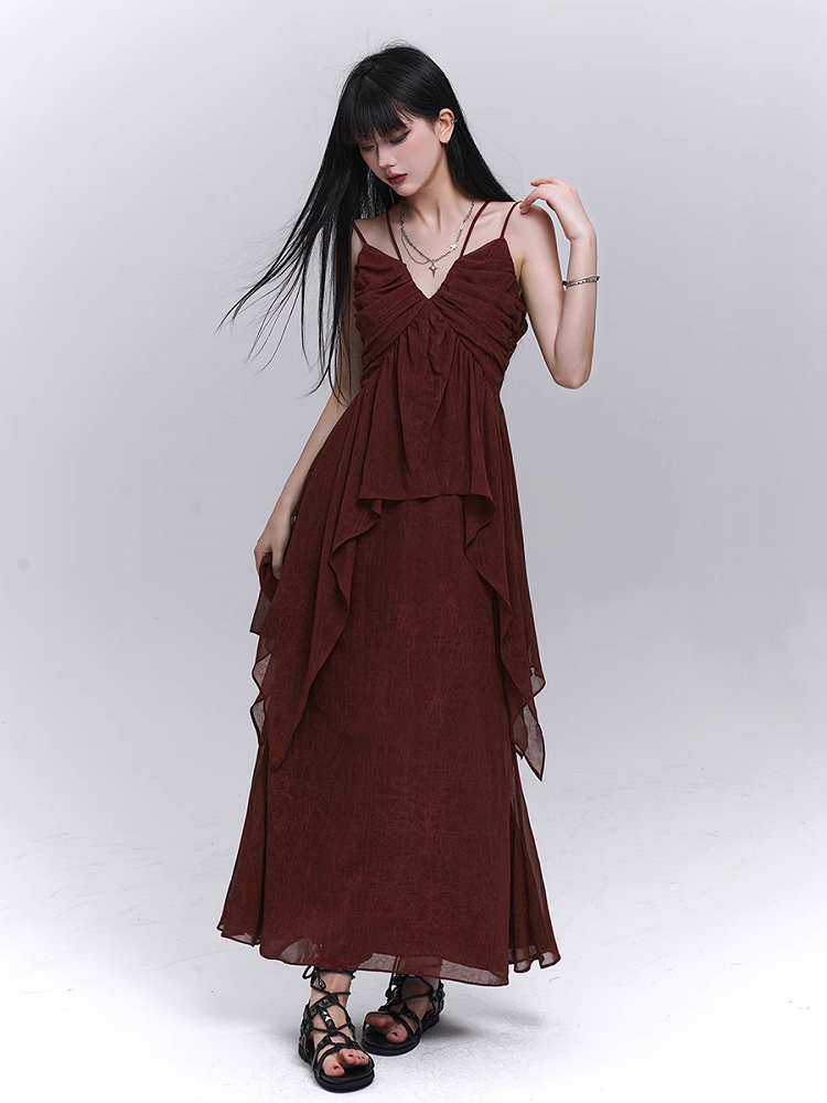 Waist Ankle Length Skirt Dark Red Elastic