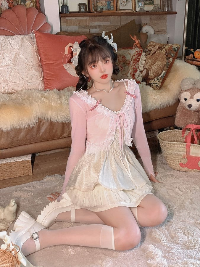 Cardigan With Self-tie Pink Bow Knit Crop Straps Lace Trim