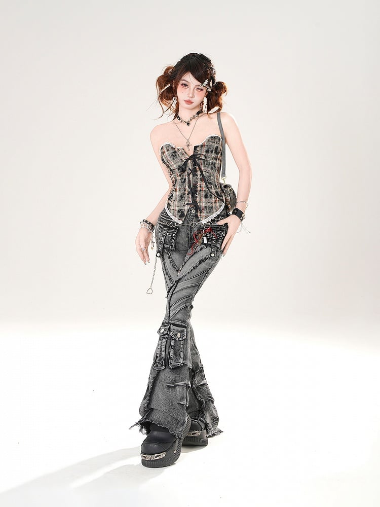 Leopard and Strapless Top Pattern Plaid Brown/Blue Lace-up Front Lace Trim