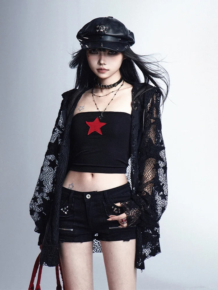 Jacket Y2K Protection Black Star Pattern Hollow-Out Sun Hooded