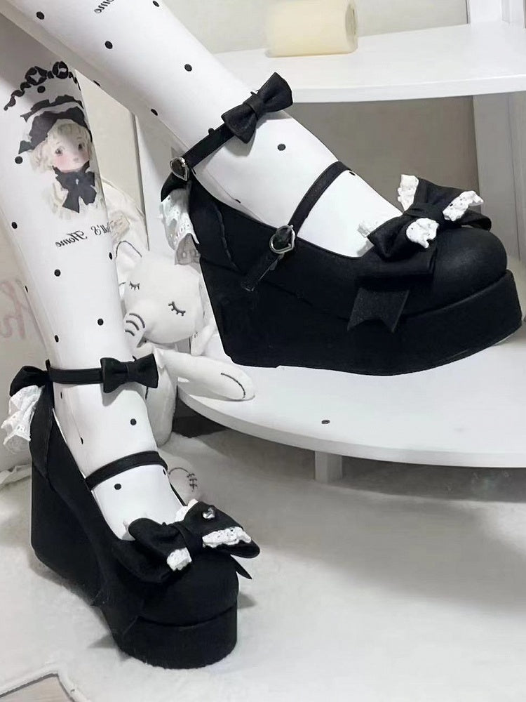 - Platforms Black Bow-Embroidered Heel Sweet Lolita