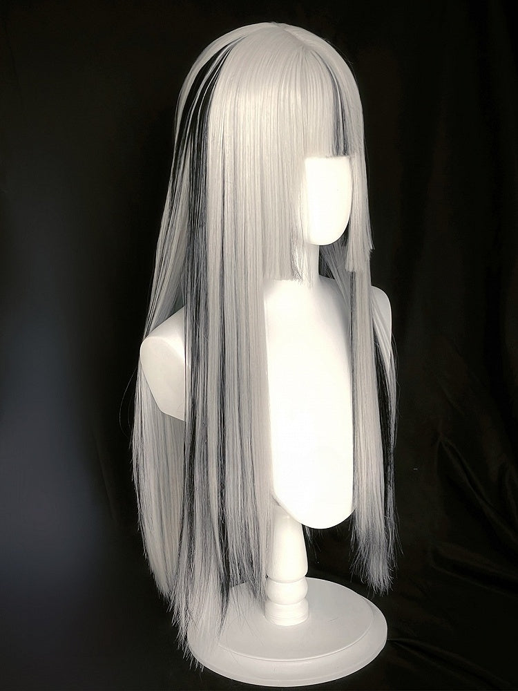 Bangs With Highlight Wig Hime Full Cut Black Straight Length 80CM Silver And
