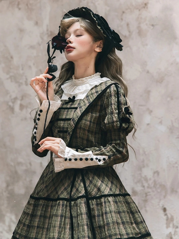with Sleeves Elegant Classic Plaid Dress and Black Long Neckline Green Piping Lace Lolita