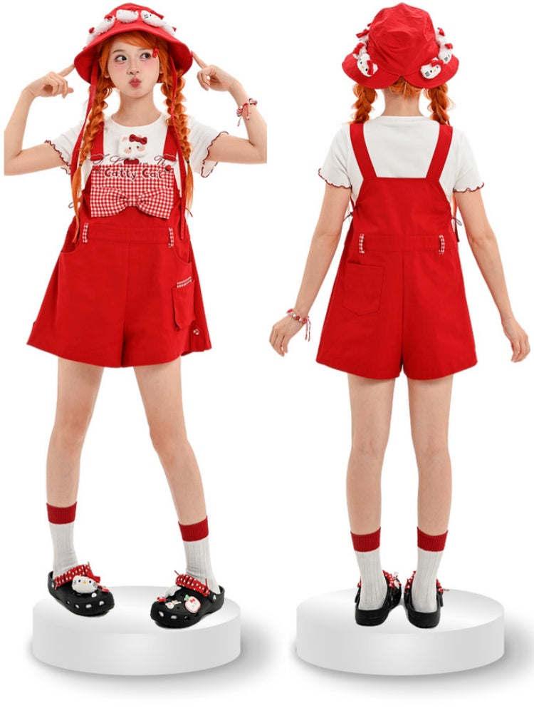 Red Plaid Bowknot Plush Kitty Overall Shorts