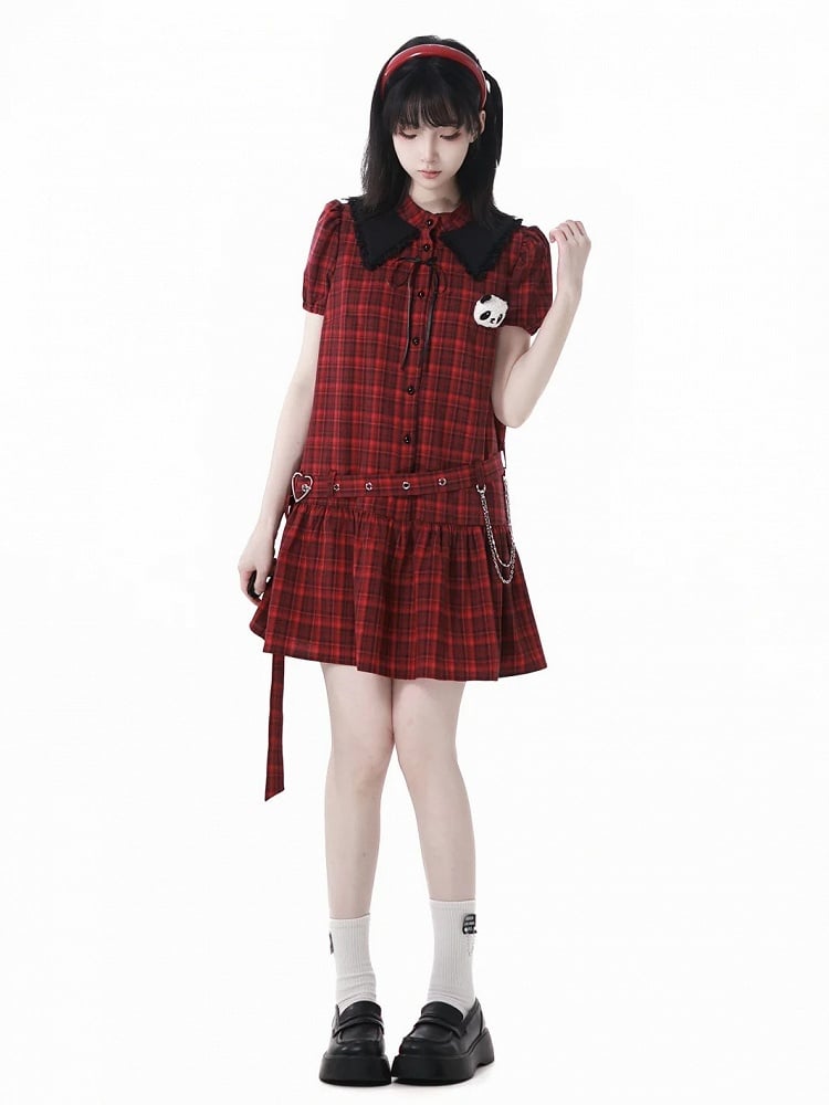 Buckle Plushie and Belt with Panda Red Black Puff Sleeves Plaid Dress
