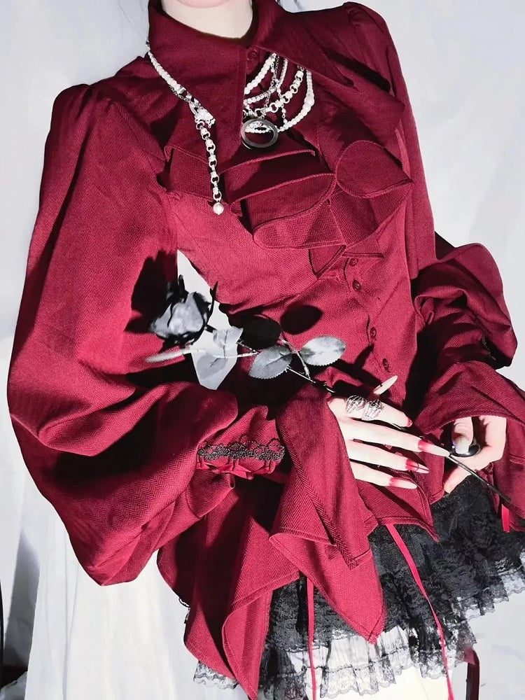 Red Gothic Ouji Lolita Irregular Flounce Hemline Pointed Collar Long Sleeves Shirt