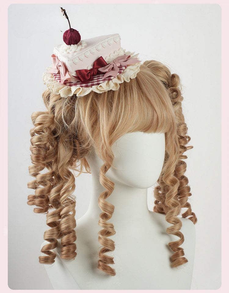 Süße Lolita rosa Schleife Rüschenbesatz rote Kirsche dreieckige Kuchen Mini Hut