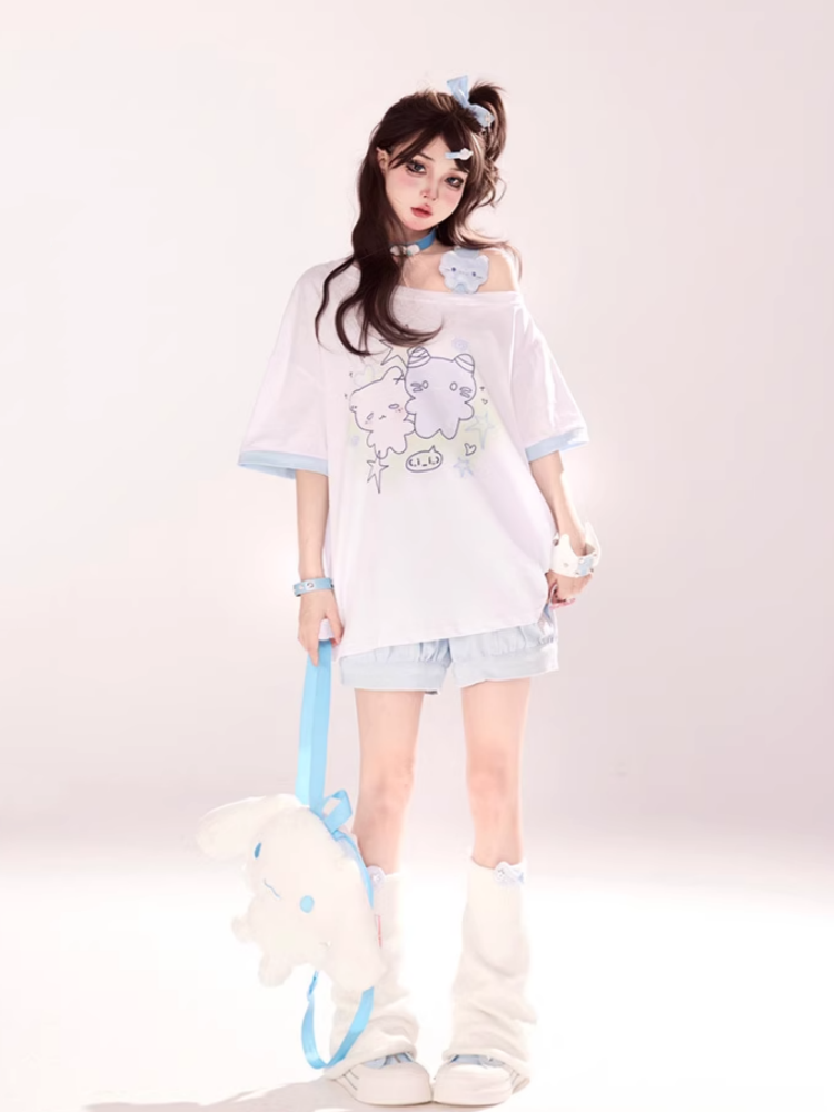 Asymmetrical Neckline T-shirt Cartoon Kitty Print Pink/Blue/Black
