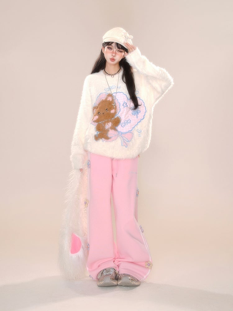 グレーピンクの花柄ストレートレッグカットパンツ