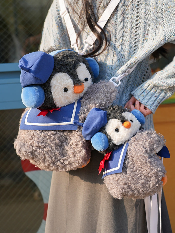 Sailor Penguin Gray Bag Plush Size Middle/Large Cute Blue + Hat Backpack/Crossbody Collar