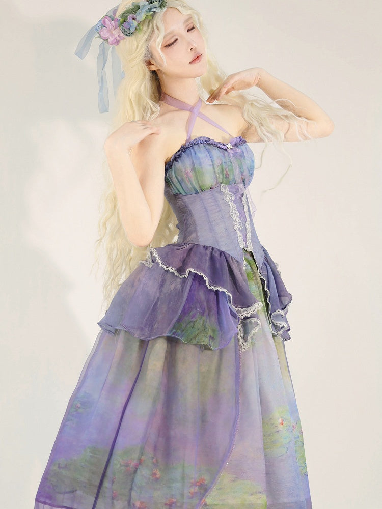 Fairy Oil Painting Purple Tiered Flounce Hem Halter Boned Corset Top Print