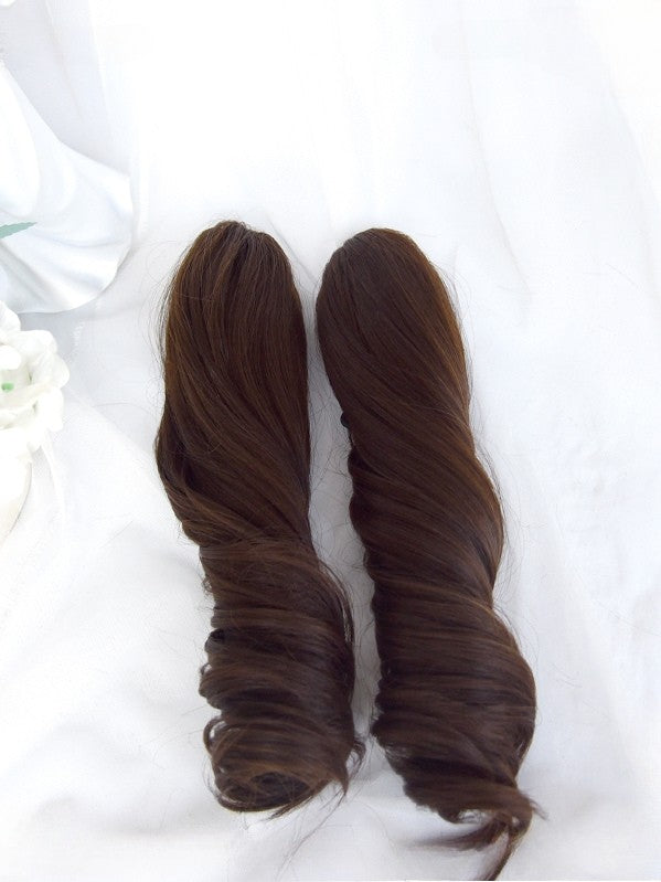 Full 22CM Clips With 30CM Brown Straight Bangs Short Ponytail Wig Double Curly + Roman Claw