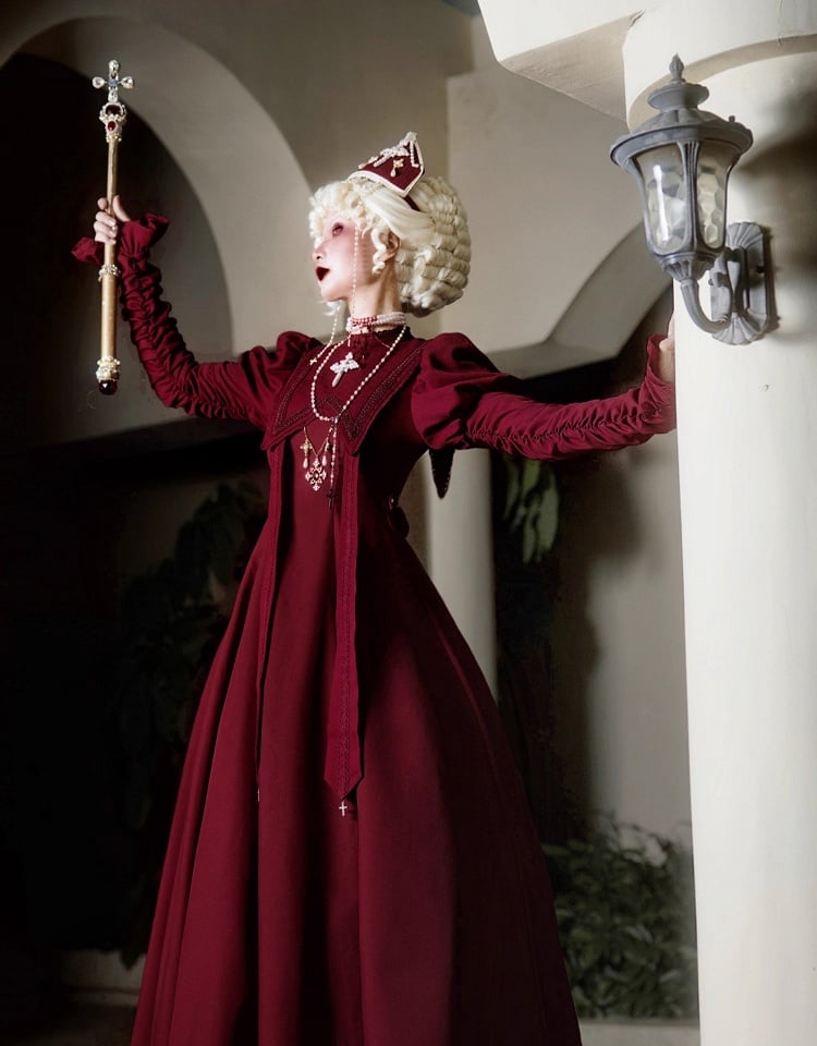 Wein Nonne Outfits Halloween Kleid Ärmel Kreuz Lolita Sammeln Stickerei Rot Juliette