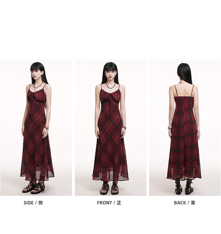 Self-tie Strap Neckline Cami Dress Red Black Plaid V-neck