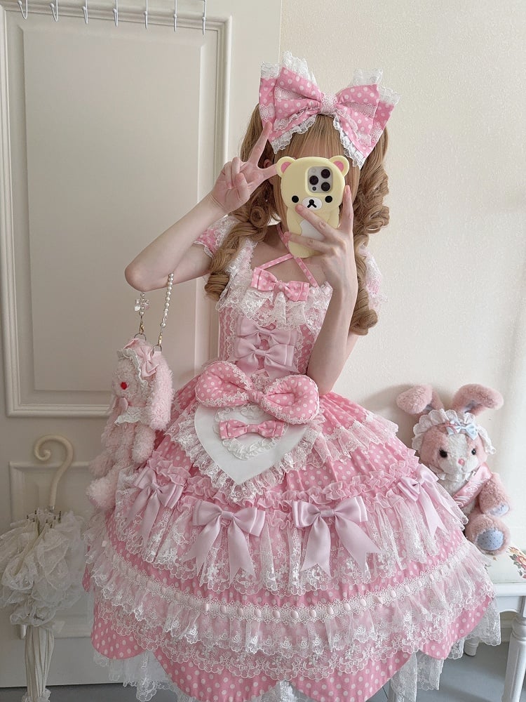 Dress Bow Lolita Pattern Pink Sleeves School Short Accents Old Sweet Polka Dots