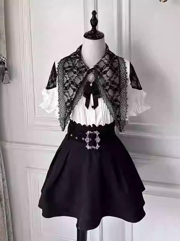Black Elastic Waist Lace Skirt with Buckle Belt Trim