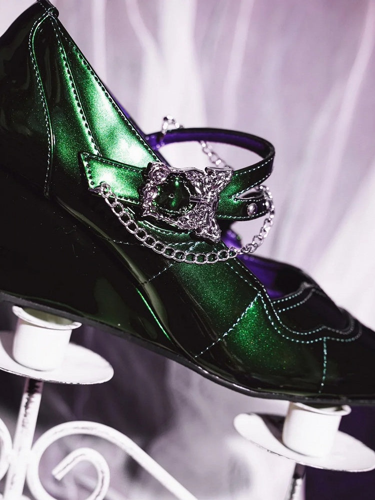 Spitze Zehenpartie Grün 7cm Mary Heel Chunky Gothic in Cross Jane Subculture Stickerei Schuhe mit