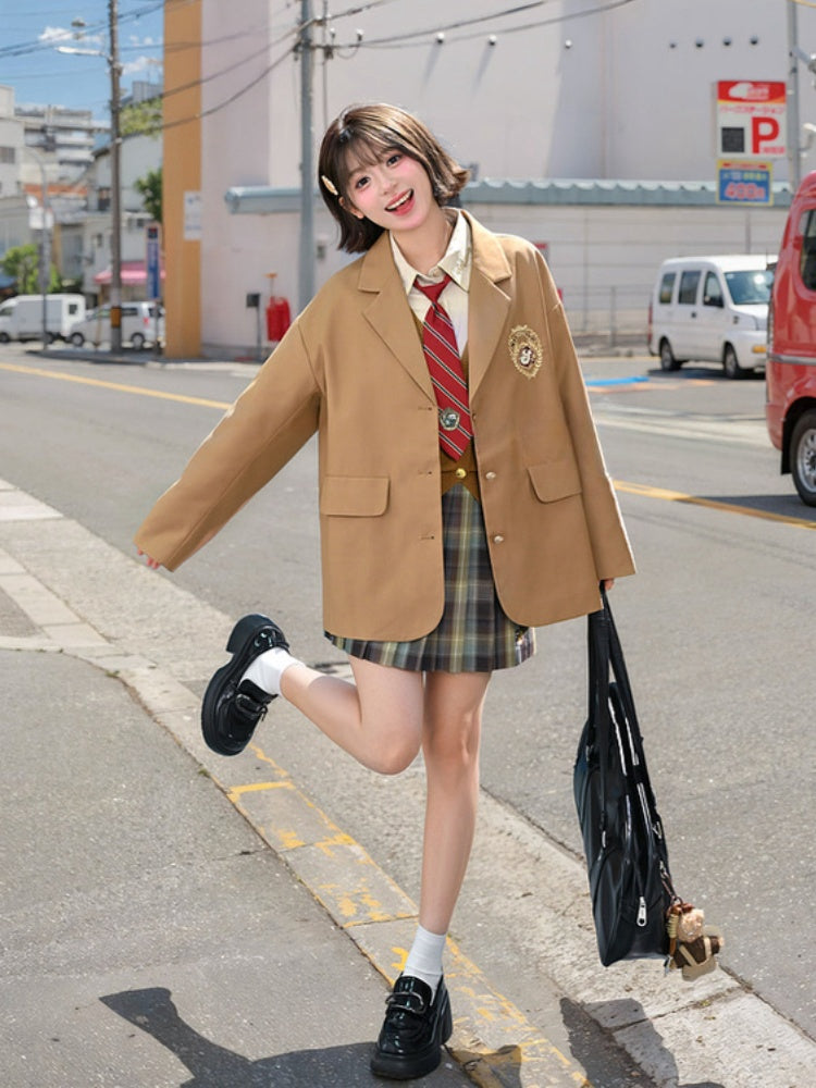 Brown Preppy Fashion Badge Blazer Embroidery JK Uniform Vintage Millard