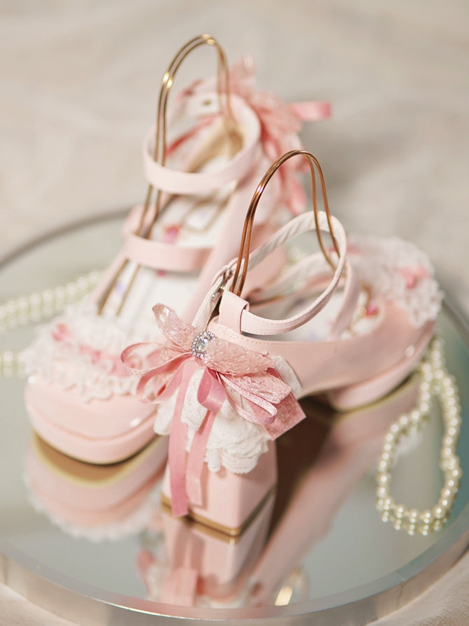Rosa High Trim Lace Heels Herz Top Schleife an Block Schnallen geknotet