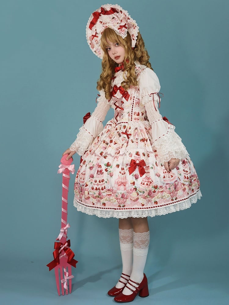 Sweet Bow JSK Full Lolita Accents Print / White Desserts and Set Strawberry
