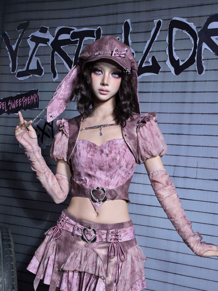 Pastel Rhinestone Cami Y2K Sequin Denim Buckle Top Punk Heart with Belt Pink