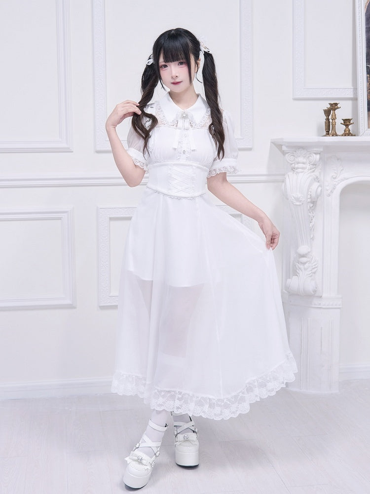 Free Belt Neckline Buckle Jirai Kei White Long Dress Illusion Accents Corset with