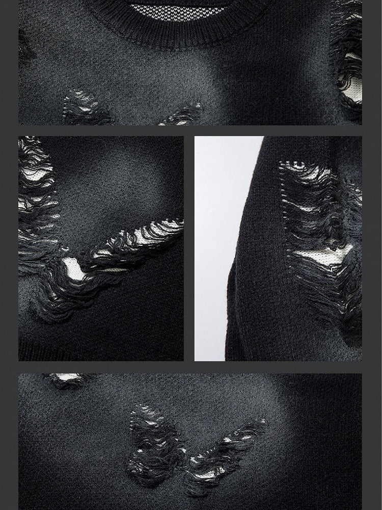 Y2K Schwarzer Pullover mit Rundhalsausschnitt und abgenutzten Löchern in Schmetterlingsform