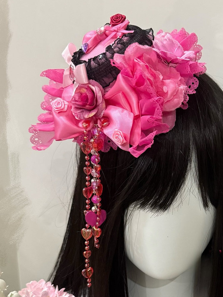 Beaded Floral Chain Lace BlackPink Decorated Hat Design Mini Rhinestone Trim