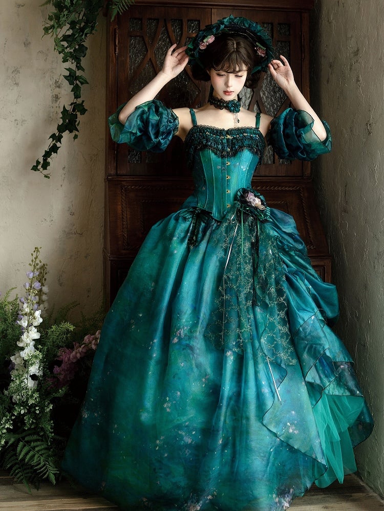Green Forest Fairy Lolita Asymmetrical Design Oil Painting Skirt with Floral Hairclip